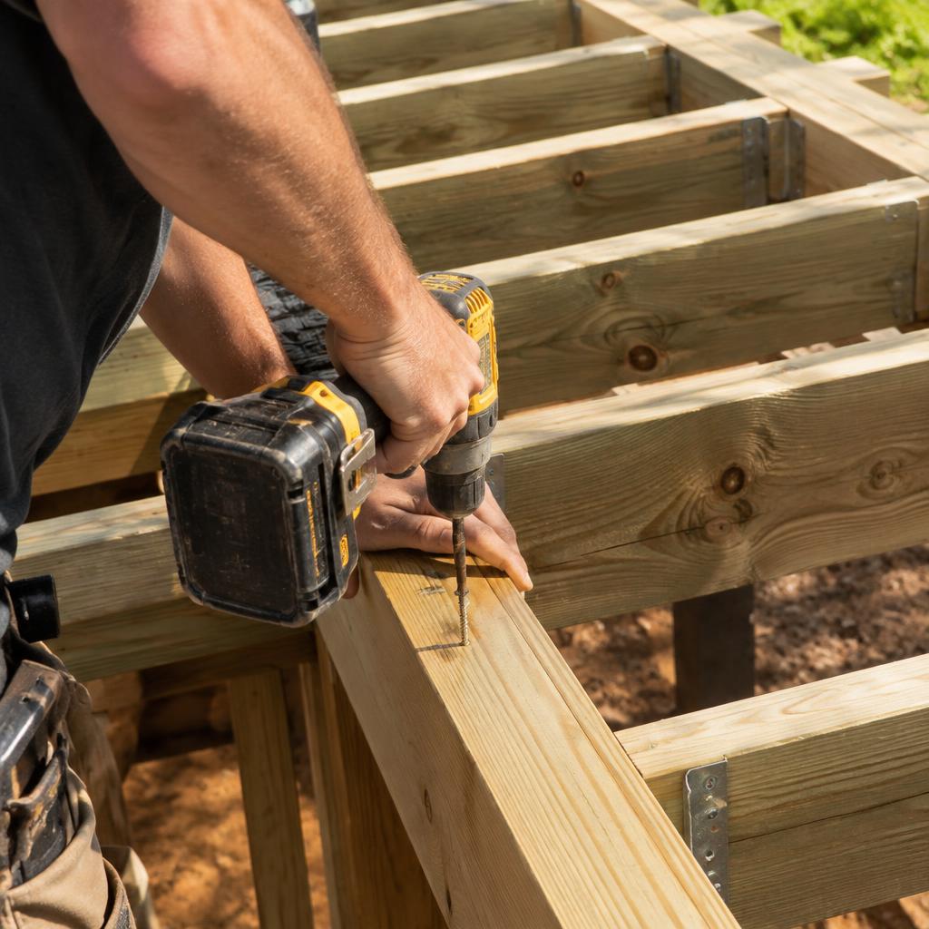 Carpenter fastening deck framing with a drill